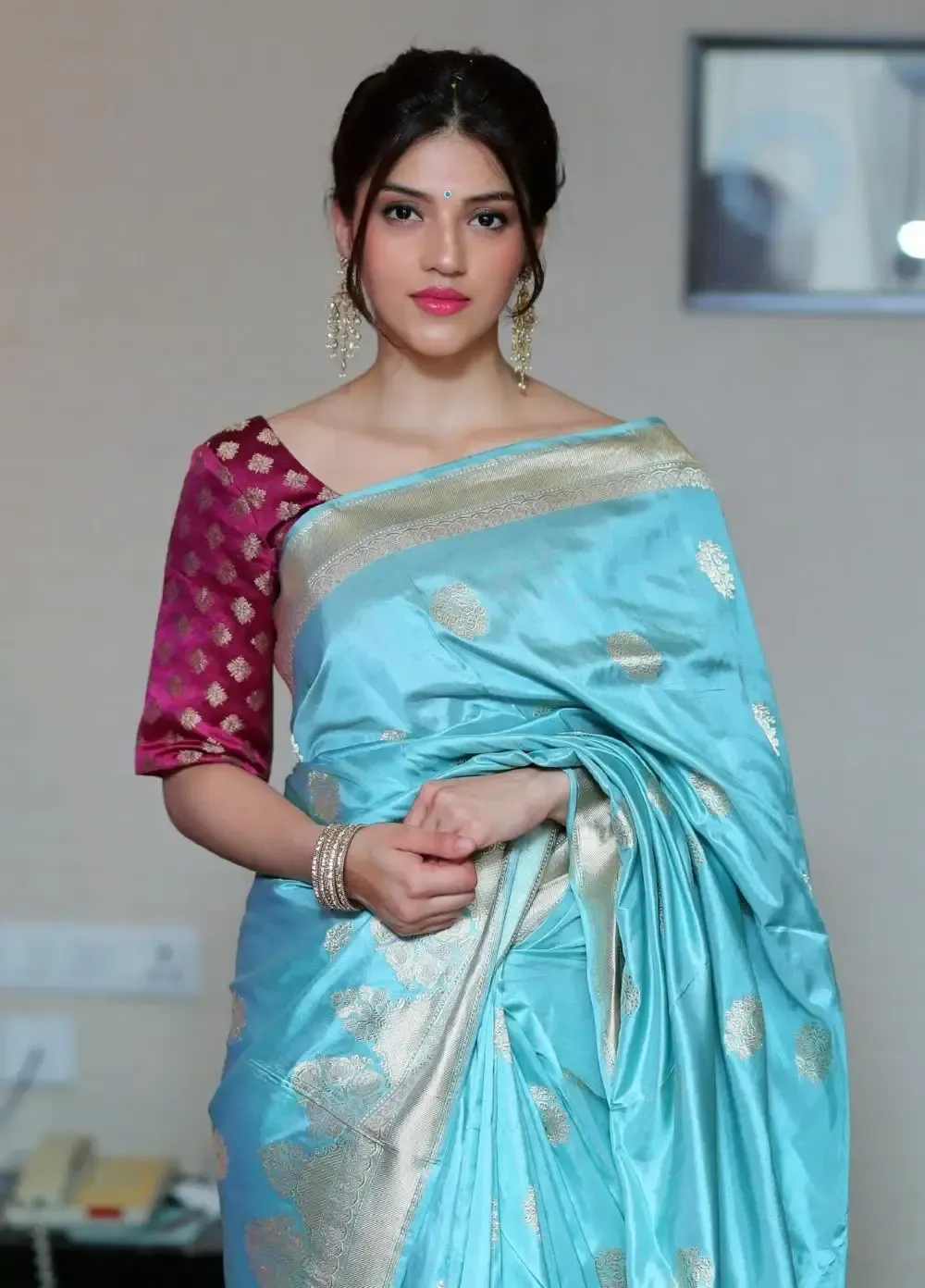 Indian Actress Mehrene Kaur In Traditional Blue Silk Saree